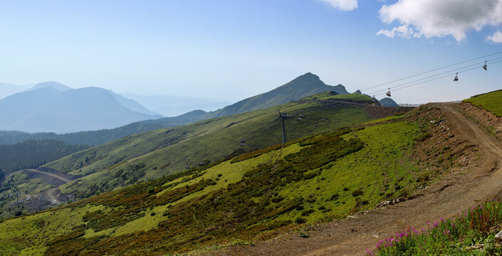 Beautiful Panorama Landscape Of The Caucasian Mountains. Rosa Khutor In Summer.