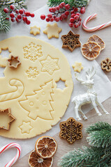 Top view of ingredients for cooking Christmas gingerbread cookies.