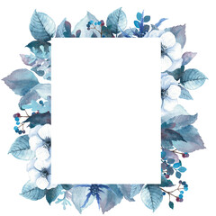 Watercolor Blue Flowers Frame, Christmas Invitation Clipart, Winter Wedding Invitation