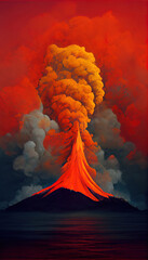 Massive Volcano Eruption. A large volcano erupting hot lava and gases into the atmosphere. 3D Illustration.