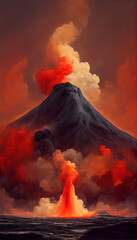 Massive Volcano Eruption. A large volcano erupting hot lava and gases into the atmosphere. 3D Illustration.