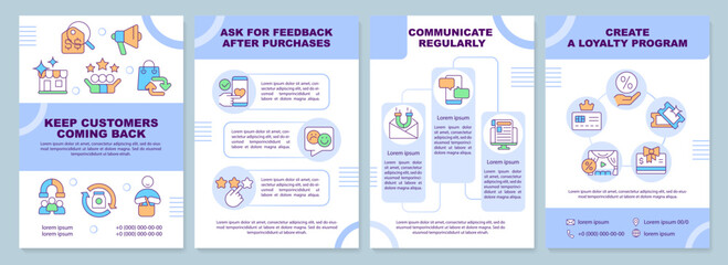 Keep customers coming back brochure template. Client loyalty. Leaflet design with linear icons. Editable 4 vector layouts for presentation, annual reports. Arial-Black, Myriad Pro-Regular fonts used