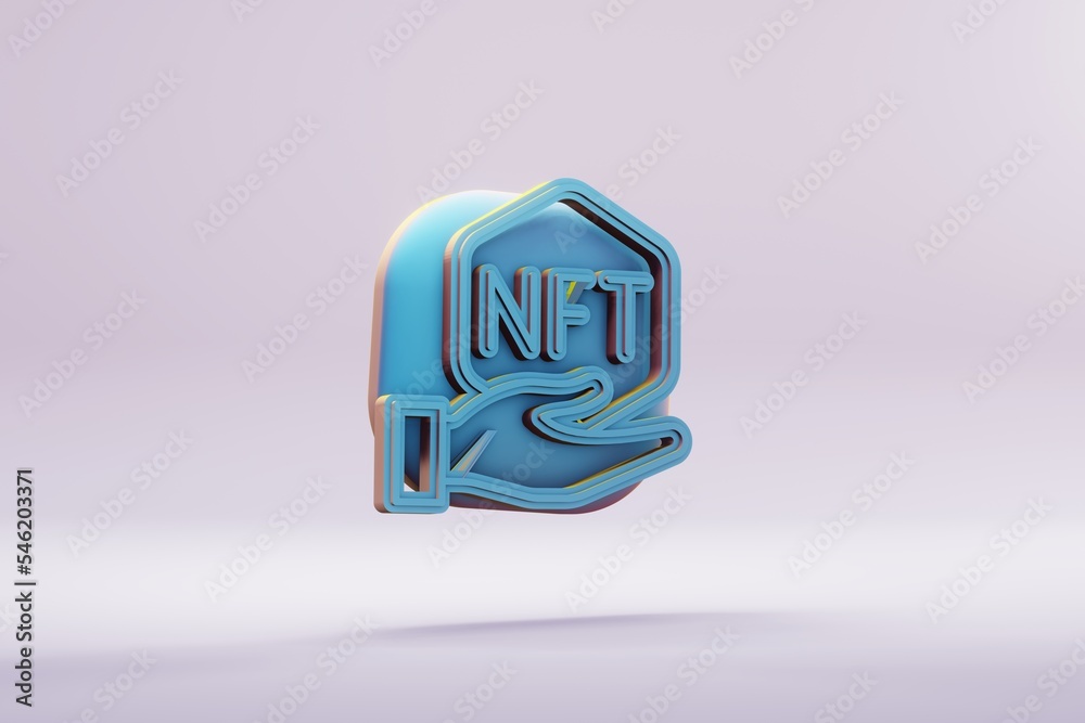 Poster beautiful illustrations abstract blue nft hand symbol icon on a bright background. 3d rendering illu