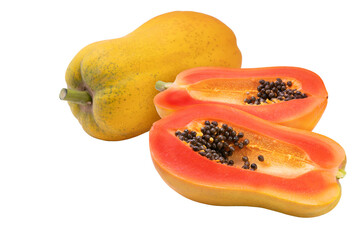 Fresh papaya on white background, Yellow papaya isolated on white PNG File.