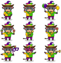 Vector illustration Buffalo wearing mardi gras clothes in different poses isolated on white background. A cartoon illustration of a Mardi Gras Buffalo . Mardi Gras jester, set. © Heru