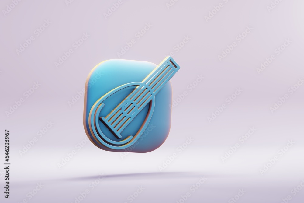 Poster beautiful illustration musical instrument blue lined mandolin symbol icons on a bright pink backgrou