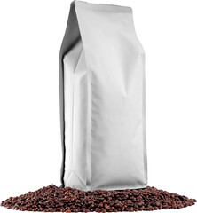 Mockup big white coffee pouch, png, stabilo pack on coffee beans