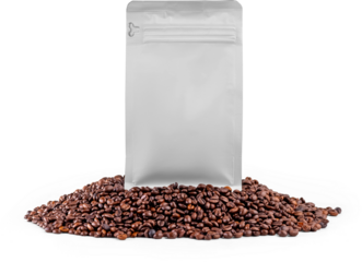 Mockup of a small white coffee pouch, png, stabilo pack on coffee beans
