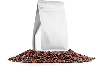 Mockup of a small white coffee pouch, png, stabilo pack on coffee beans