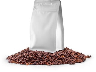 Mockup of a small white coffee pouch, png, stabilo pack on coffee beans