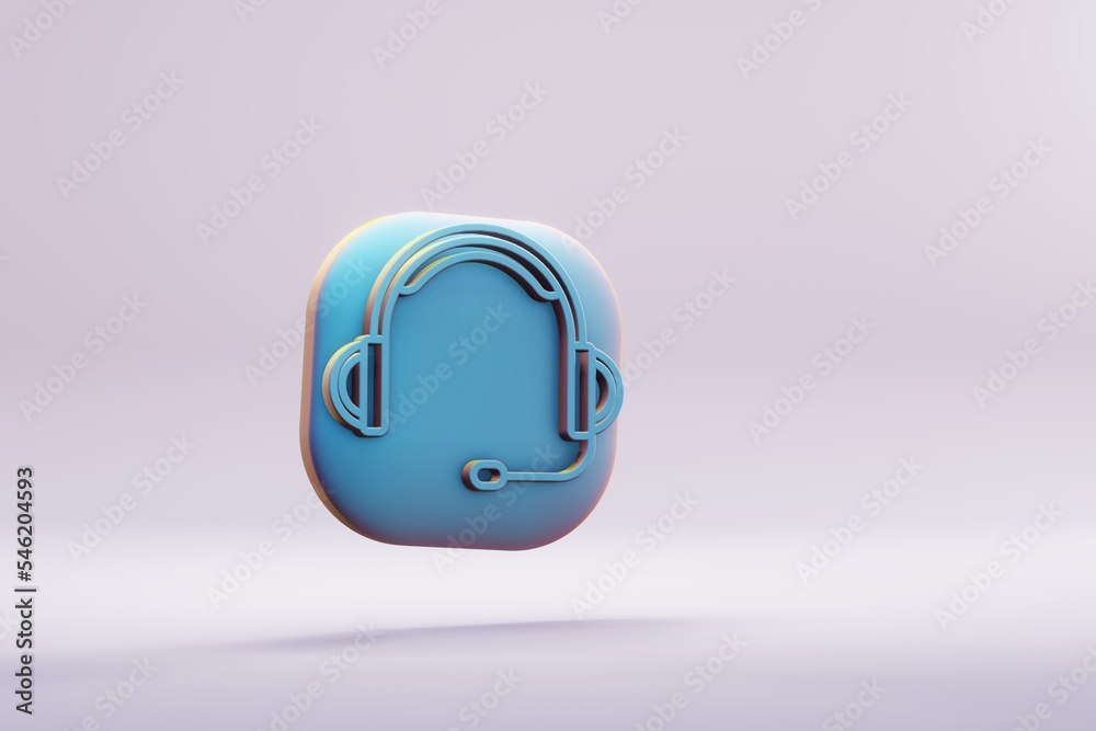 Poster beautiful illustration musical instrument blue big headphones with microphone symbol icons on a brig