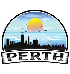 Perth Australia Skyline Sunset Travel Souvenir Sticker Logo Badge Stamp Emblem Coat of Arms Vector Illustration EPS