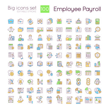 Employee payroll RGB color icons set. Wage payment regulation. Accounting service. Isolated vector illustrations. Simple filled line drawings collection. Editable stroke. Quicksand-Light font used