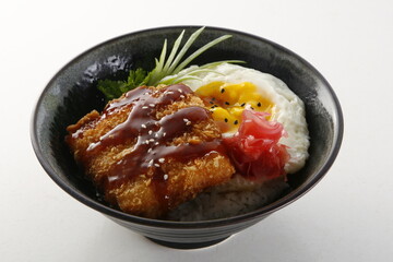 Fish Katsudon - Japanese breaded fish topped on ride with sunny side egg and tonkatsu sauce