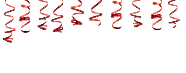 Banner with red glitter hearts and shiny spirals on white background. Decorations for valentines day