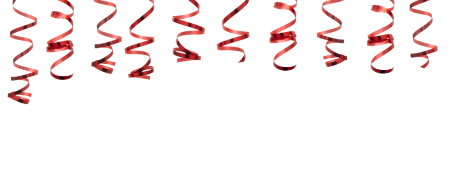 Banner with red glitter hearts and shiny spirals on white background. Decorations for valentines day