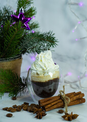 Obraz na płótnie Canvas Homemade delicious spicy hot chocolate with whipped cream. Christmas hot chocolate with whipped cream with spices and Christmas tree twigs. A cozy Christmas drink. Selective focus. 