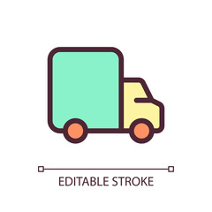 Lorry pixel perfect RGB color ui icon. Shipping and transportation service. Simple filled line element. GUI, UX design for mobile app. Vector isolated pictogram. Editable stroke. Arial font used