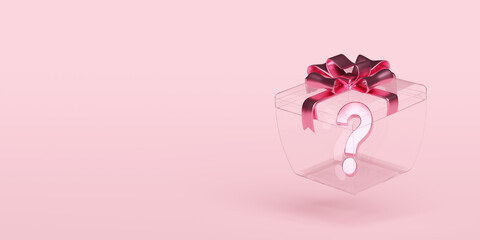 3d transparent gift box with question mark symbol icon isolated on pink background. FAQ or frequently asked questions, minimal concept, 3d render illustration