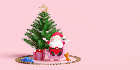 Christmas tree with Santa claus sitting on sofa chair, steam train toy isolated on pink background for website, poster or Happiness cards, Christmas banner, festive New Year, 3d illustration render