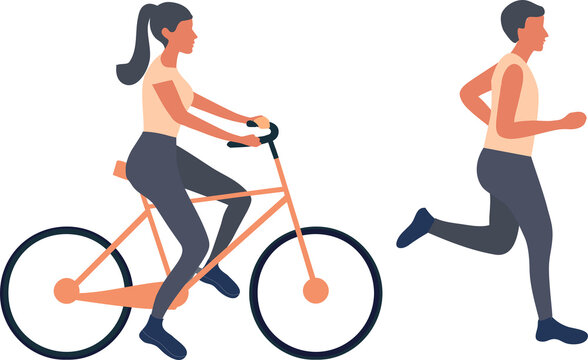 Couple exercise cycling and running on png background