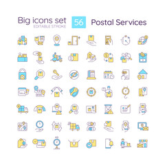 Postal service RGB color icons set. Delivery company. Shipping process. Mailing. Isolated vector illustrations. Simple filled line drawings collection. Editable stroke. Quicksand-Light font used