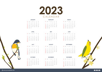 2023 abstract bird calendar template design, natural background
