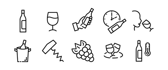 Alcohol set icon. Cannabis, hemp, marijuana, tobacco, alcohol, relaxation, corkscrew, grapes, ice, champagne, cognac. Relax concept. Vector black set icon on a white background for Business