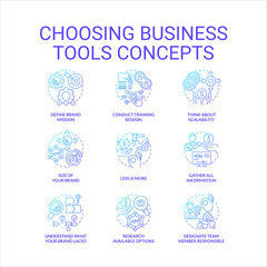 Choosing business tools blue gradient concept icons set. Provide new technologies. Development idea thin line color illustrations. Isolated symbols. Roboto-Medium, Myriad Pro-Bold font used
