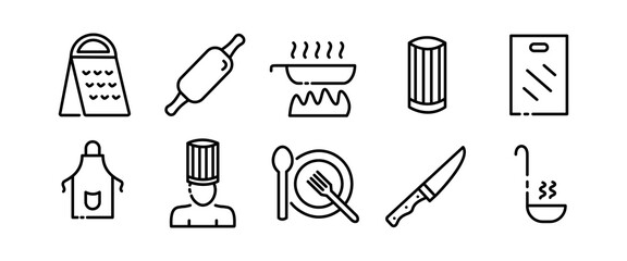 Kitchen utensils set icon. Cookbook, saucepan, ladle, cloche, whisk, oven mitt, apron, chef, plate, fork, knife, hood, cap, rolling pin. Cooking concept. Vector black set icon on a white background