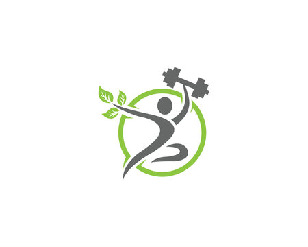 Natural fitness healthy people logo design. Green fitness logo with barbell and man vector icon.