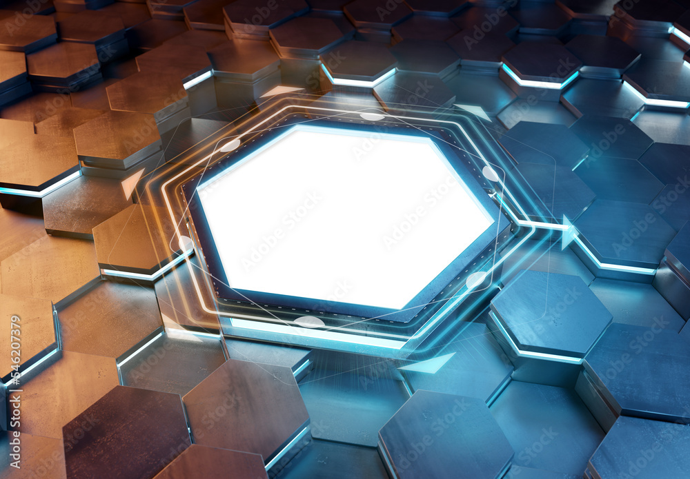 Poster glowing orange and blue hexagons podium background pattern. hexagonal metal mockup with lights and r