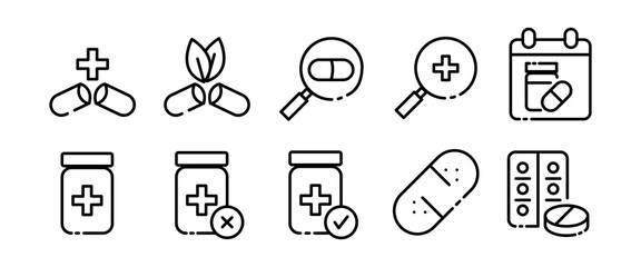 Medicines set icon. Medical treatment, prescription, treat, pills, heart, blister, plate, pill reminder, doctor, drugstore. Healthcare concept. Vector black set icon on a white background