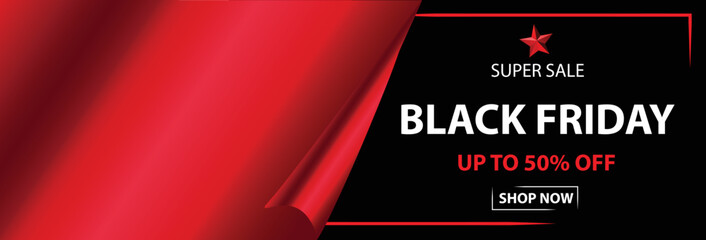 Black Friday Super Sale. Open gift .  text lettering. vector illustration. Black Friday sale banner layout design. star Black Friday. red. Black Friday red.