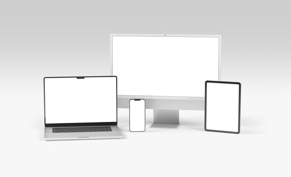PARIS - France - April 28, 2022: Newly released Apple devices, Imac 24 desktop computer, Iphone 13 pro max mobile, Macbook laptop, Ipad tablet- 3d realistic rendering screen mockup on white
