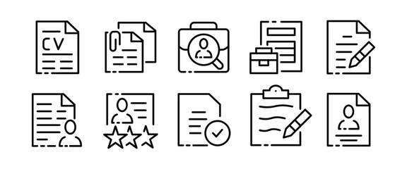 Summary set icon. Work, profession, portfolio, reviews, recommendations, file, job search, salary Vacancy concept. Glassmorphism style. Vector black set icon on a white background for Business