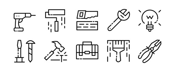 Construction set icon. Drill, saw, wood, wrench, adjustable wrench, lamp, electricity, self-tapping screw, hammer, brush, pliers. Vector black set icon on a white background for Business