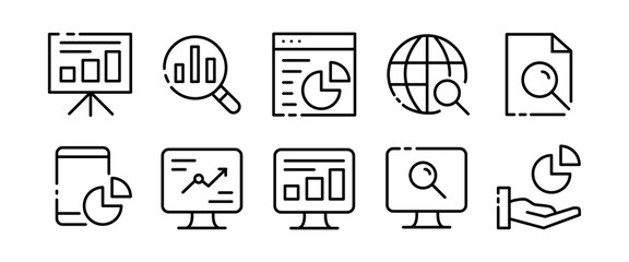Working infographic set icon. Statistics, chart, diagram, document, gear, magnifier, clipboard, website, settings. Vector black set icon on a white background for Business and Advertising