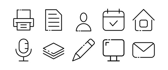 Office tool set icon. Fax, file, operator, calendar, house, microphone, documents, pen, monitor, mail. Office worker concept. Vector black set icon on a white background for Business