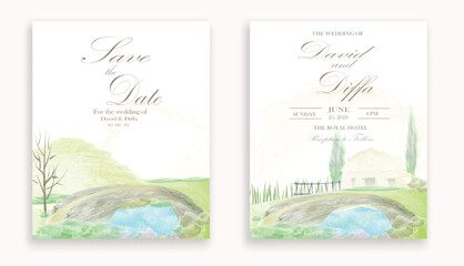 wedding invitation with scenery theme and watercolor elements