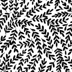 Curved branches with small leaves seamless pattern. Botanical stylish background. Brush drawn vector ornament. Seamless stylized leaf pattern. Hand drawn foliage black silhouettes.