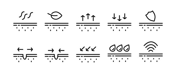 Skin protection set icon. Moisturizing, hand cream, mask for face, acne treatment, antiseptic, shaving, moisture. Skin care concept. Vector black set icon on a white background for Business