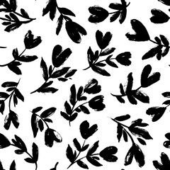 Fototapeta na wymiar Floral branches with hearts buds seamless pattern. Brush flower vector ornament. Hand drawn botanical ink illustration with floral motif. Vector romantic pattern for love holidays and Valentine's day.