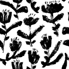 Bold black grunge tulips seamless pattern. Modern botanical illustration in retro nordic style. Brush drawn spring flowers ornament. Children style floral background, basic nature shapes wallpaper.
