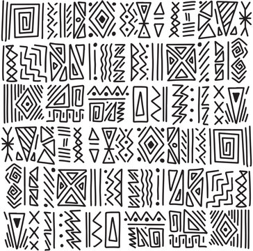 African ethnic tribal clash ornament seamless pattern background. Black and white hand drawn symbols motif. Vector wallpaper, texture, print design