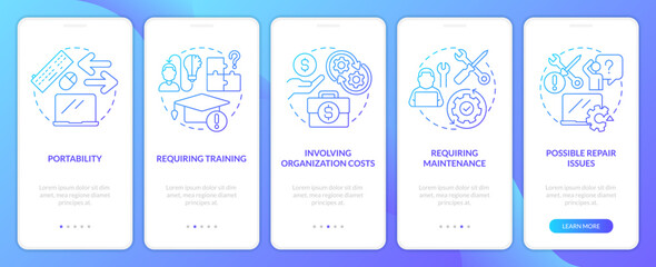 Fototapeta premium Choosing company equipment blue gradient onboarding mobile app screen. Walkthrough 5 steps graphic instructions with linear concepts. UI, UX, GUI template. Myriad Pro-Bold, Regular fonts used
