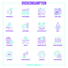 Overconsumption thin line icons set. Plastic pollution, population growth, obesity, global warming, excess garbage, planned obsolescene, CO2 emission, reduce, reuse, recycle. Vector illustration.