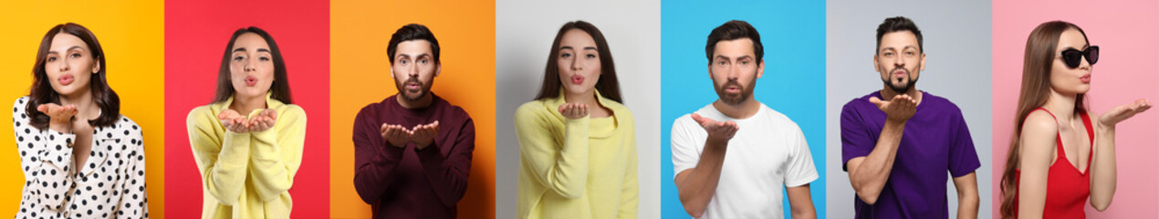 Collage with photos of people blowing air kisses on different color background. Banner design