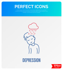 Depression, neurosis, emotional burnout, sad man with rain sign. Negative emotion. Post-covid syndrome. Thin line icon. Vector illustration.