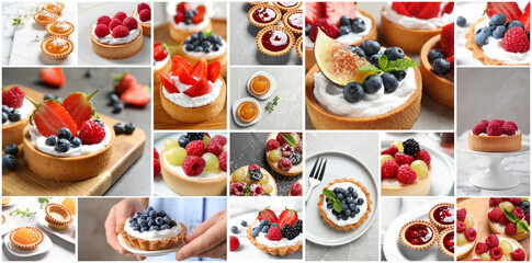 Collage with photos of different tasty tartlets